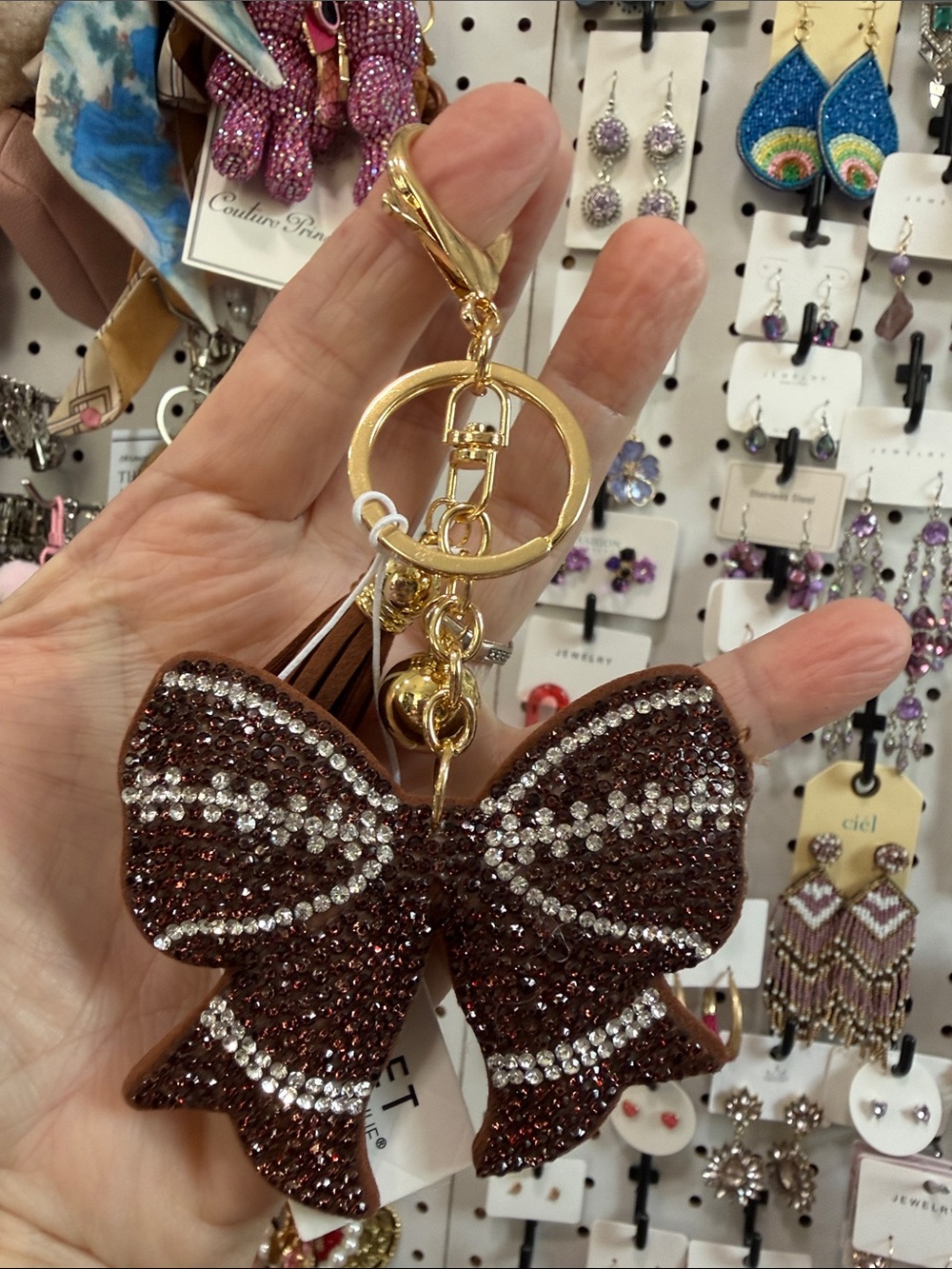 Rhinestone Bow Key & Card Holder — Brown with Gold Hardware